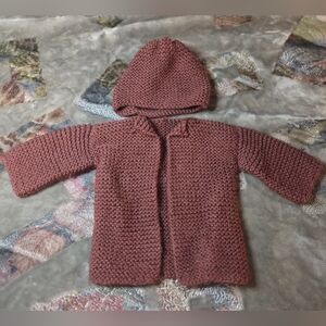 Hand-Knit Wine/plum Colored Baby Sweater with Hood